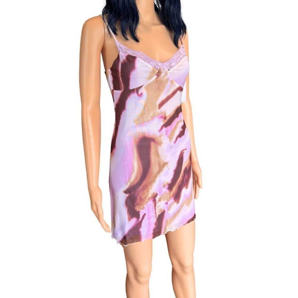 SOLD Pink Marble Slip Dress Medium Mesh Lace Trim Mini Y2K Coquette Summer - Picture 3 of 6